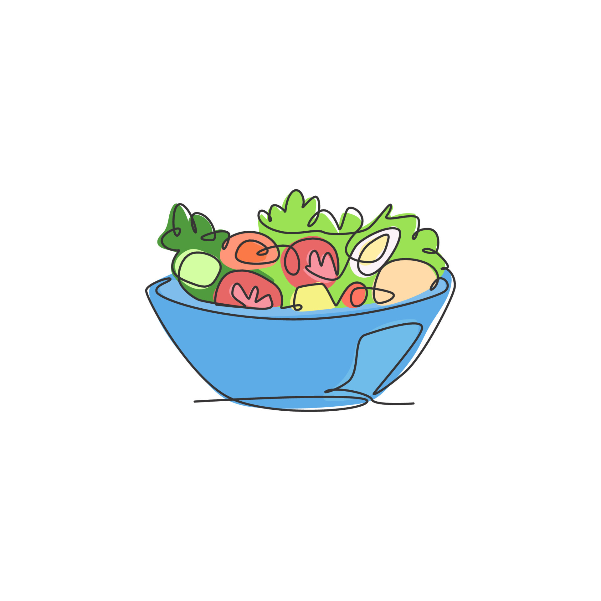Single continuous line drawing of stylized vegetables salad on bowl