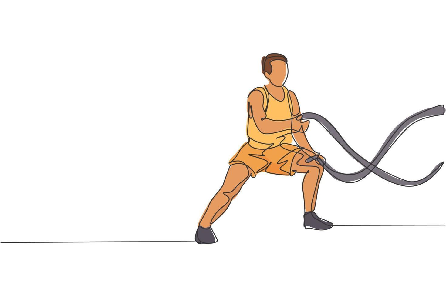 One single line drawing of young energetic man exercise on battle rope to train endurance in gym fitness center vector illustration. Healthy lifestyle sport concept. Modern continuous line draw design