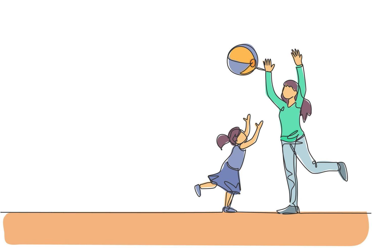 dibujo de una sola línea continua de jóvenes jugando a lanzar pelota de playa con su hija en casa, crianza feliz. concepto de cuidado amoroso familiar. Ilustración de vector de diseño gráfico de dibujo de una línea de moda