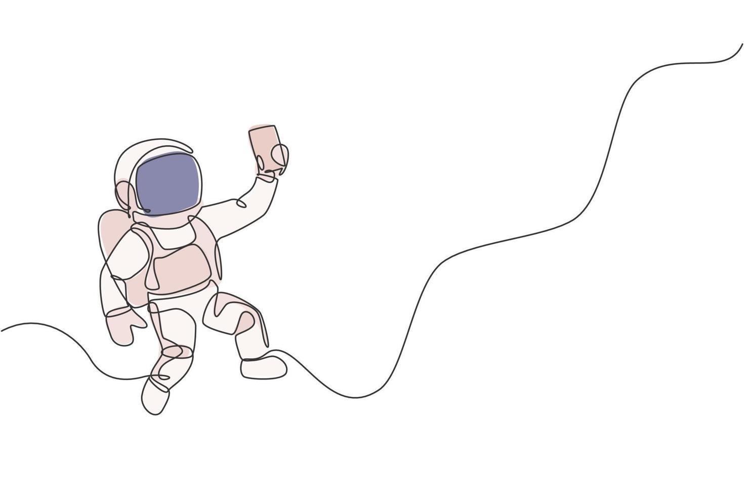 un dibujo de línea continua del cosmonauta explorando el espacio exterior. selfie de astronauta con dispositivo de teléfono inteligente. concepto de descubrimiento de galaxias cósmicas de fantasía. Ilustración de vector de diseño de dibujo de línea única dinámica