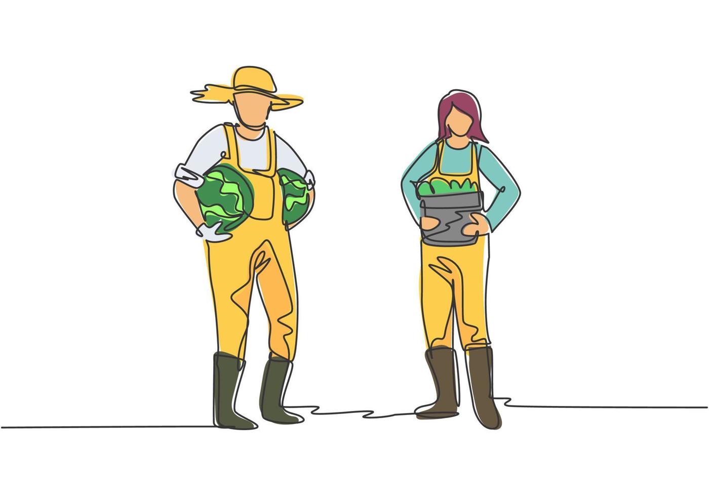 dibujo de una sola línea de una pareja de agricultores que lleva una canasta llena de frutas con ambas manos de la cosecha. concepto de minimalismo agrícola. Ilustración de vector gráfico de diseño de dibujo de línea continua