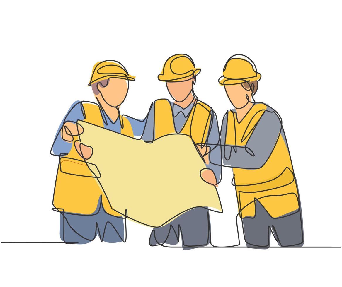 One line drawing of young builder and architect wearing construction vest and helmet looking for building design on blue print together. Great teamwork concept. Continuous line graphic drawing vector