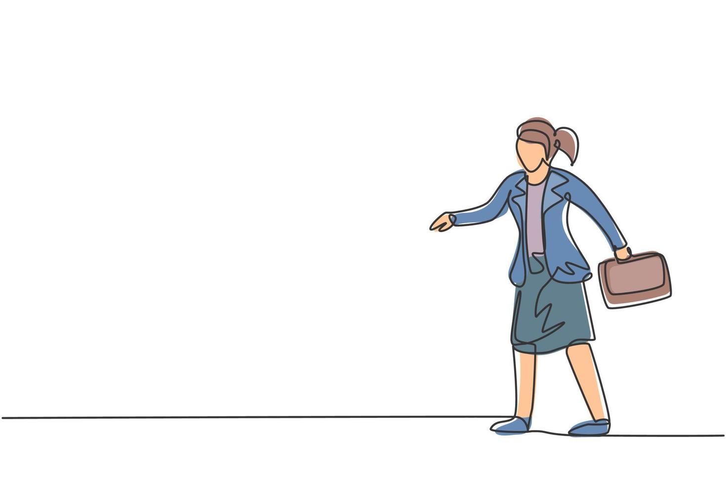 Continuous one line drawing of young female worker giving hand to handshake her colleagues. Success business manager. Minimalist concept. Trendy single line draw design vector graphic illustration