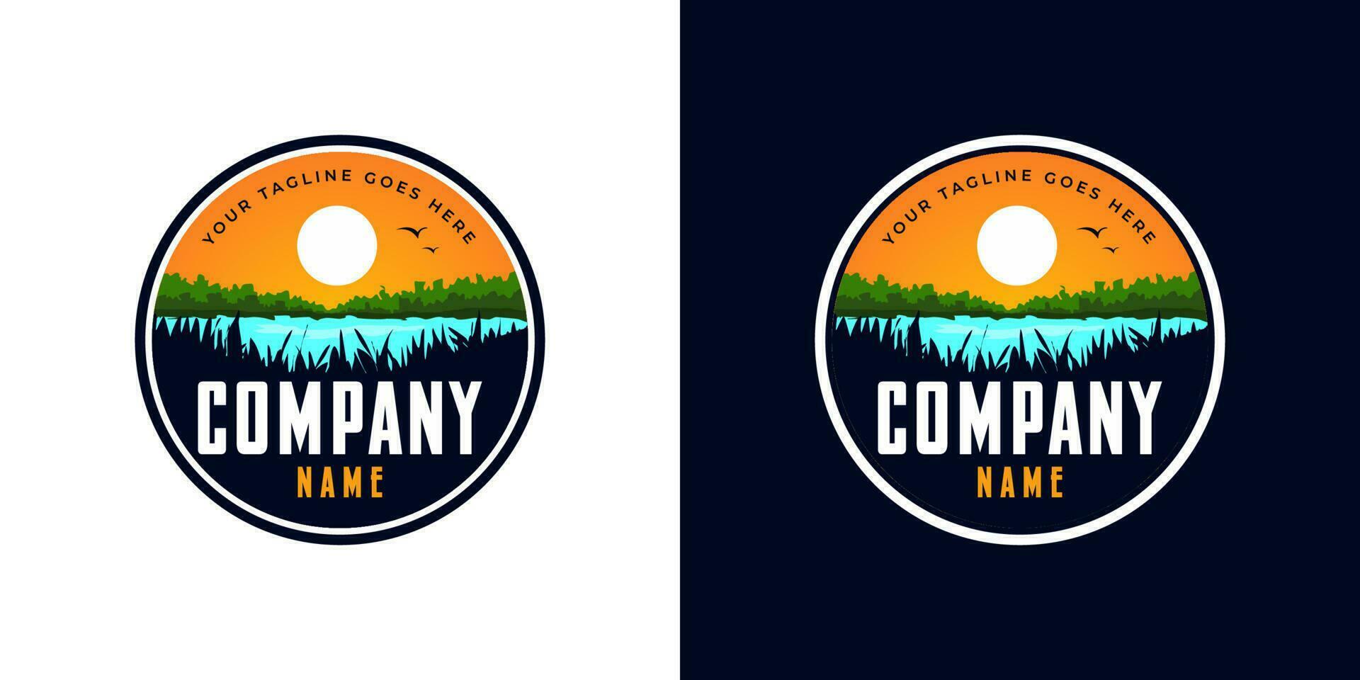 Natural Landscape Logo Template with Lake, Sun and Grass vector