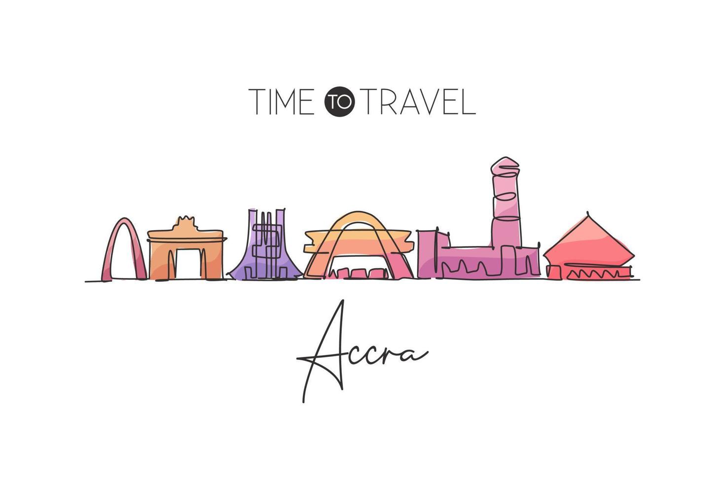 One continuous line drawing Accra city skyline, Ghana. Beautiful landmark. World landscape tourism travel vacation postcard print. Editable stylish stroke single line draw design vector illustration