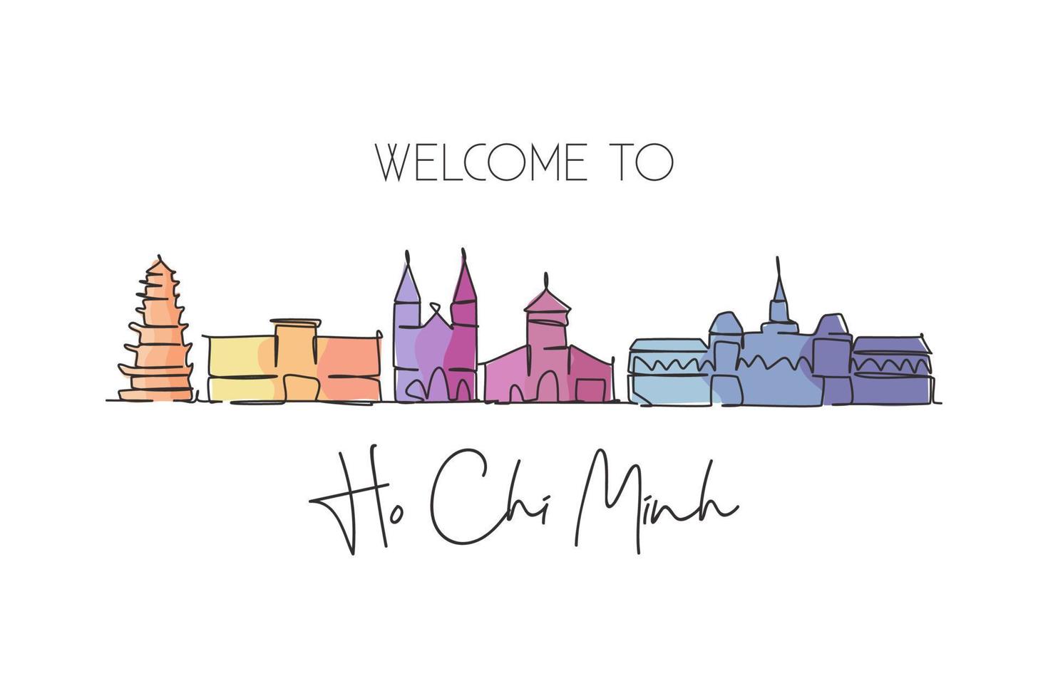 Single continuous line drawing Ho Chi Minh skyline, Vietnam. Famous city scraper landscape. World travel destination concept postcard. Editable stroke modern one line draw design vector illustration