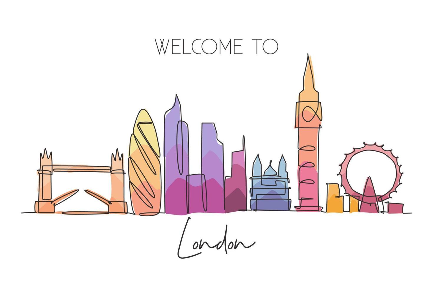 dibujo de línea continua única del horizonte de la ciudad de Londres. famoso paisaje de rascacielos de la ciudad en el mundo. concepto de cartel de decoración de la pared del hogar de la campaña mundial de viajes. Ilustración de vector de diseño de dibujo de una línea moderna