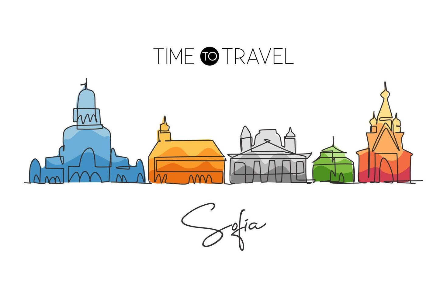 One single line drawing of Sofia city skyline, Bulgaria. Historical town landscape in the world. Best holiday destination poster. Editable stroke trendy continuous line draw design vector illustration