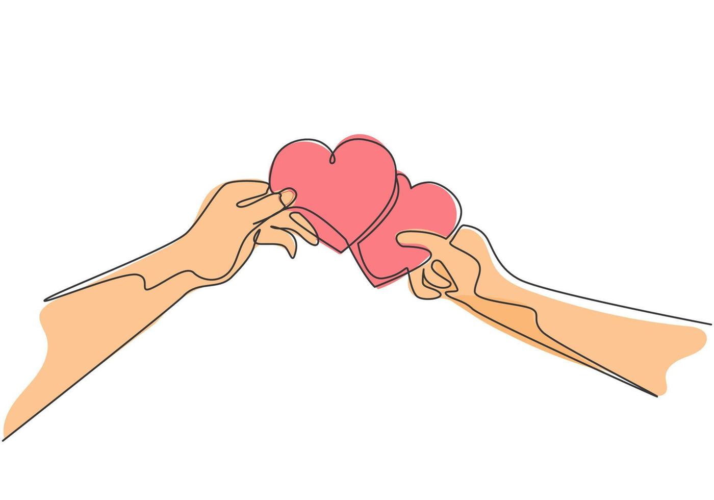 Un solo dibujo de línea continua de un lindo joven feliz y una pareja de mujeres sosteniendo papel en forma de corazón y uniéndolos. Concepto de tarjeta de invitación de amor romántico diseño de dibujo de una línea ilustración vectorial vector