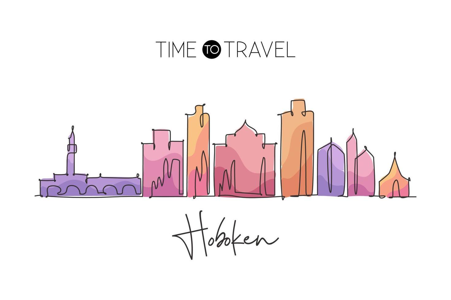 One single line drawing visit Hoboken city skyline, New Jersey. World beauty town landscape. Best holiday destination. Editable stroke trendy continuous line graphic draw design vector illustration