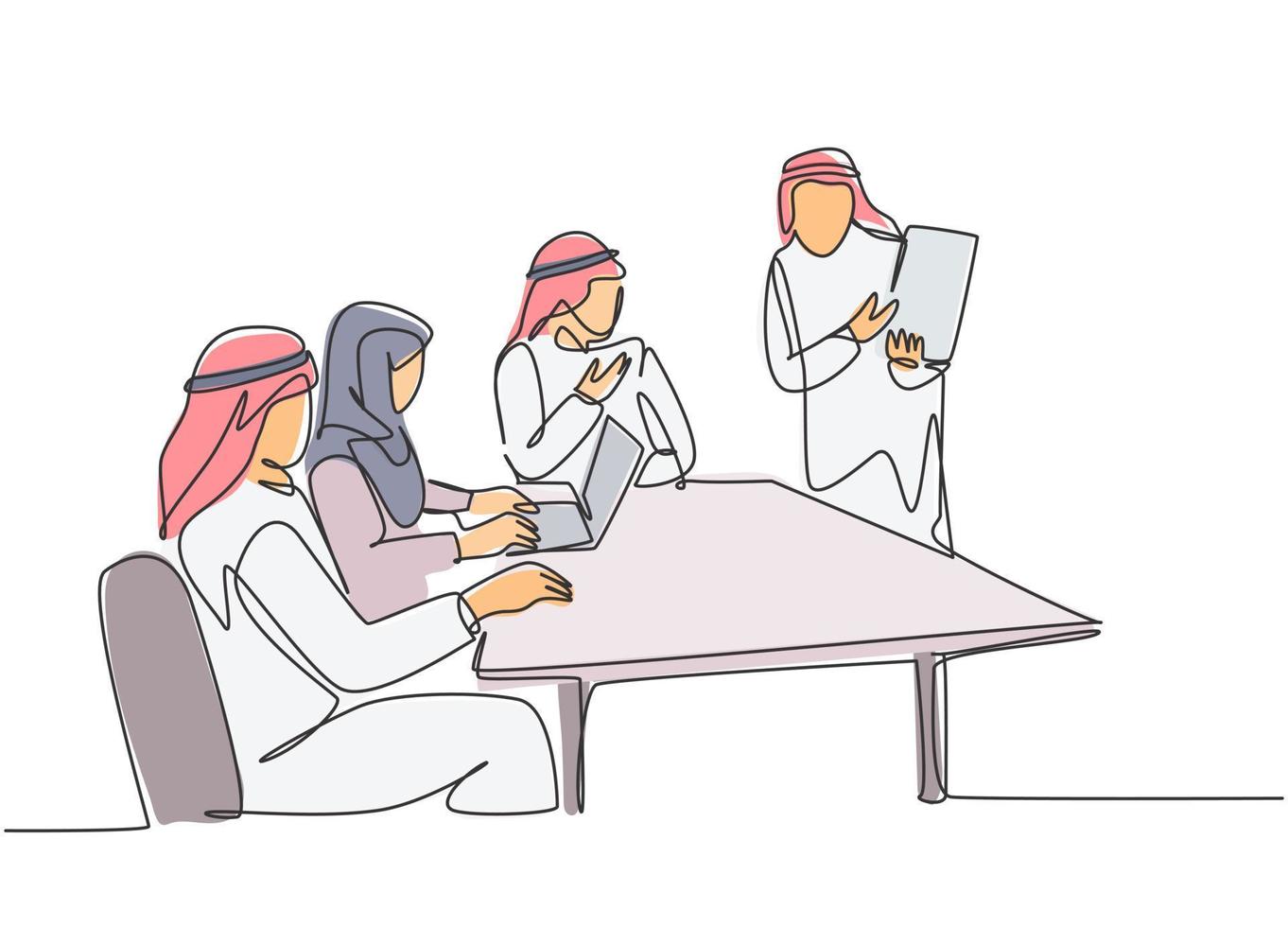 un dibujo de línea continua de jóvenes empresarios musulmanes ofrecidos por un colega extranjero con un nuevo plan de negocios. ropa islámica shemag, kandura, bufanda, keffiyeh. Ilustración de vector de diseño de dibujo de una sola línea