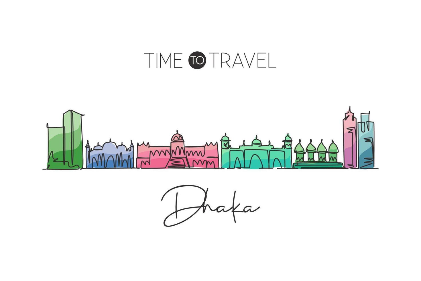 Single continuous line drawing Dhaka skyline, Bangladesh. Famous city scraper landscape home wall decor poster print. World travel destination concept. Modern one line draw design vector illustration