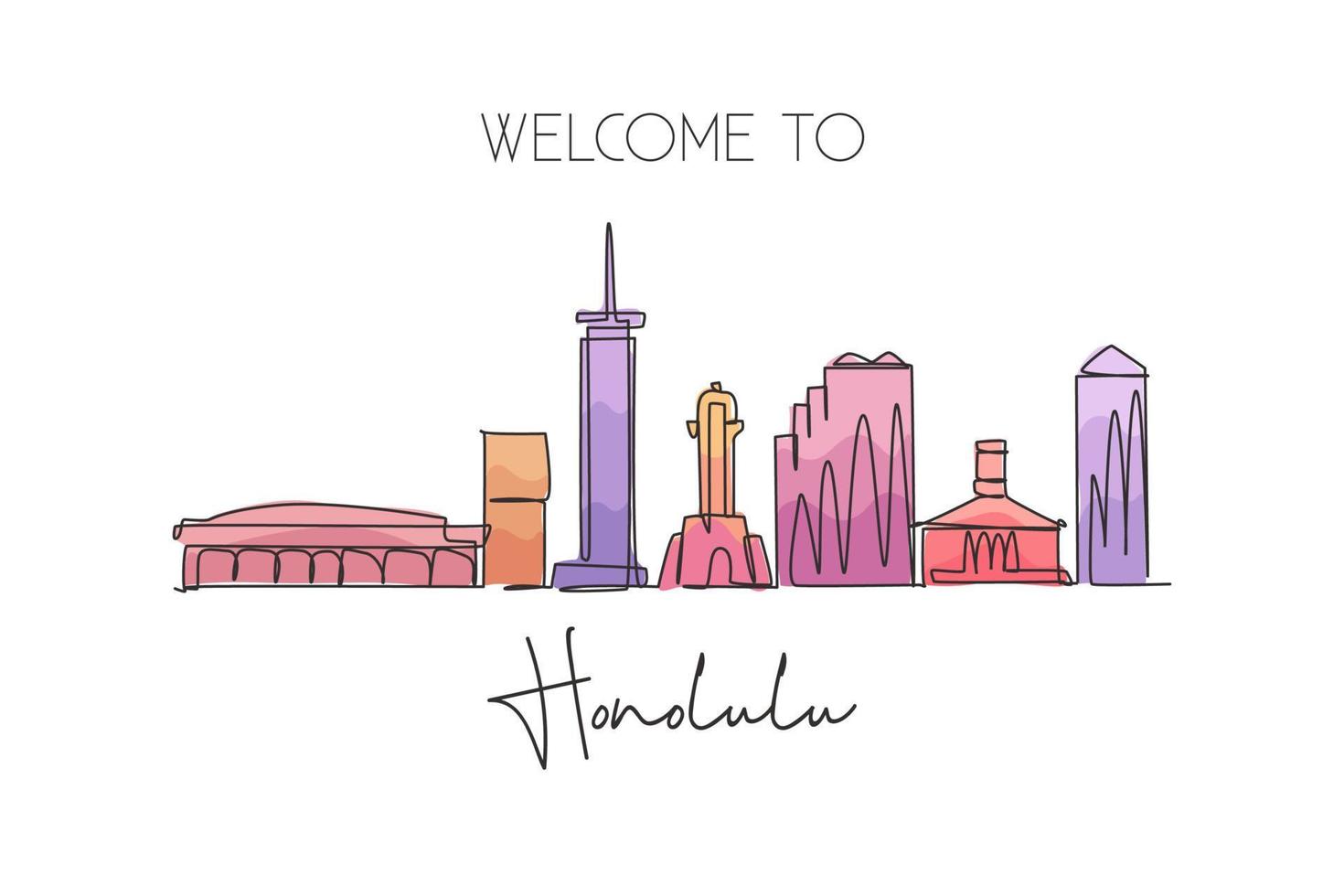 One continuous line drawing of Honolulu city skyline, Hawaii. Beautiful landmark. World landscape tourism travel home wall decor poster print art. Stylish single line draw design vector illustration