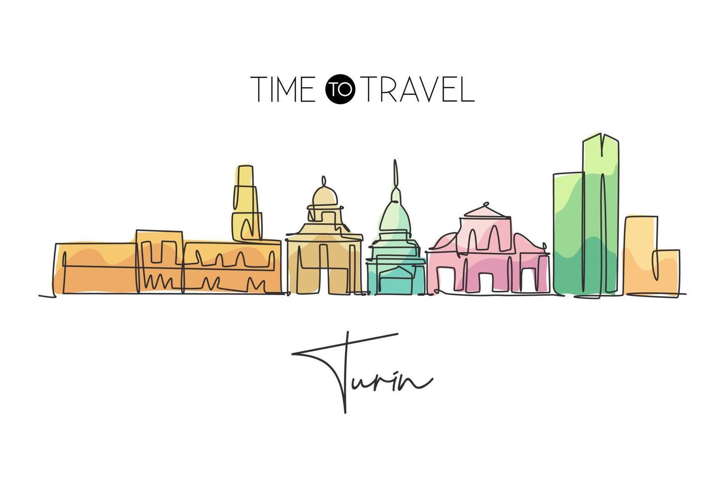 Single continuous line drawing of Turin city skyline, Italy. Famous skyscraper landscape postcard. World travel home wall decor poster print concept. Modern one line draw design vector illustration