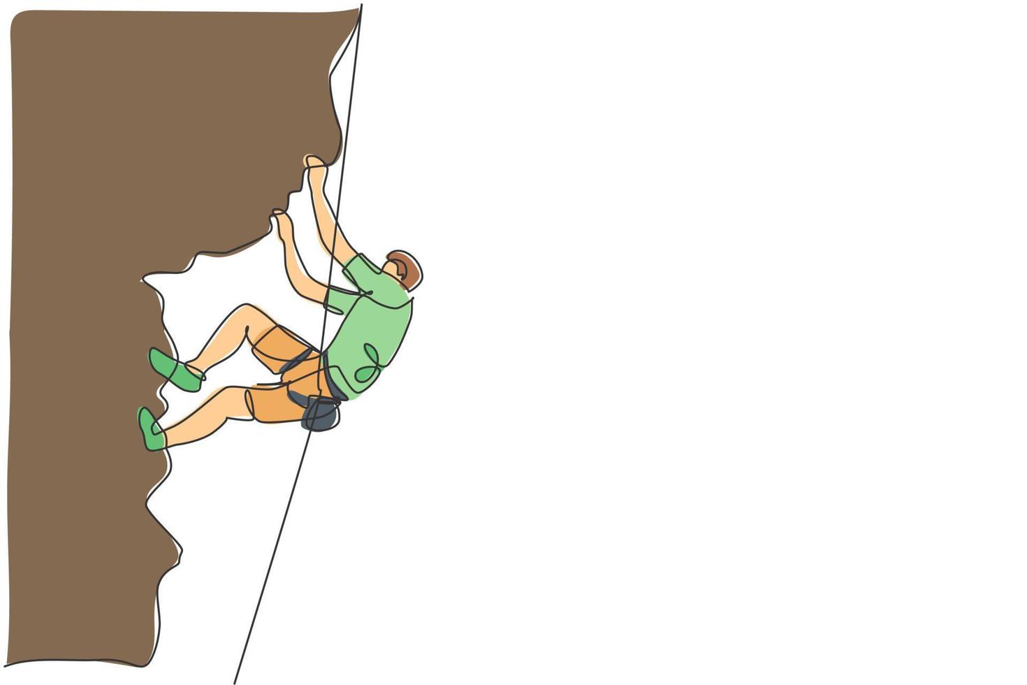Single continuous line drawing of young muscular rockclimber man climbing hanging on mountain grip. Outdoor active lifestyle and rock climbing concept. Trendy one line draw design vector illustration