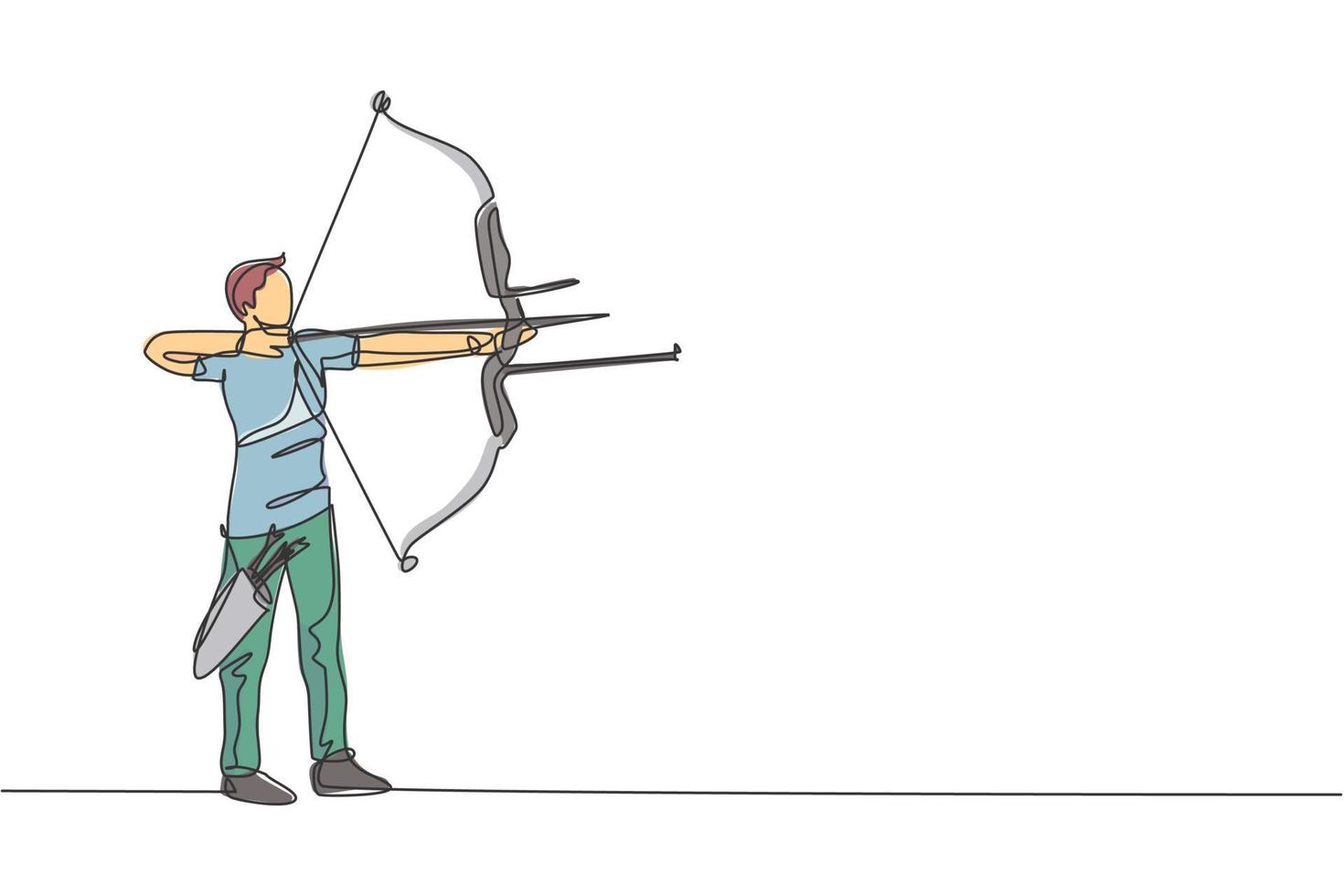 One continuous line drawing of young archer man pulling bow to shooting an archery target. Archery sport training and exercising concept. Dynamic single line draw design graphic vector illustration