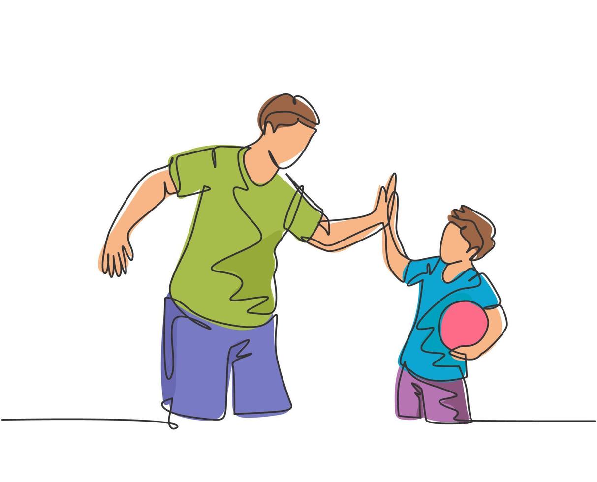 Single line drawing of young happy father and son playing football together on outdoor field and give high five gesture. Parenting concept continuous line draw design vector graphic illustration