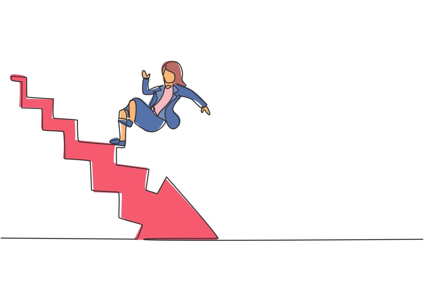 Single continuous line drawing of young beauty businesswoman slip and falling down from upstairs. Bankruptcy metaphor. Minimalism concept dynamic one line draw graphic design vector illustration