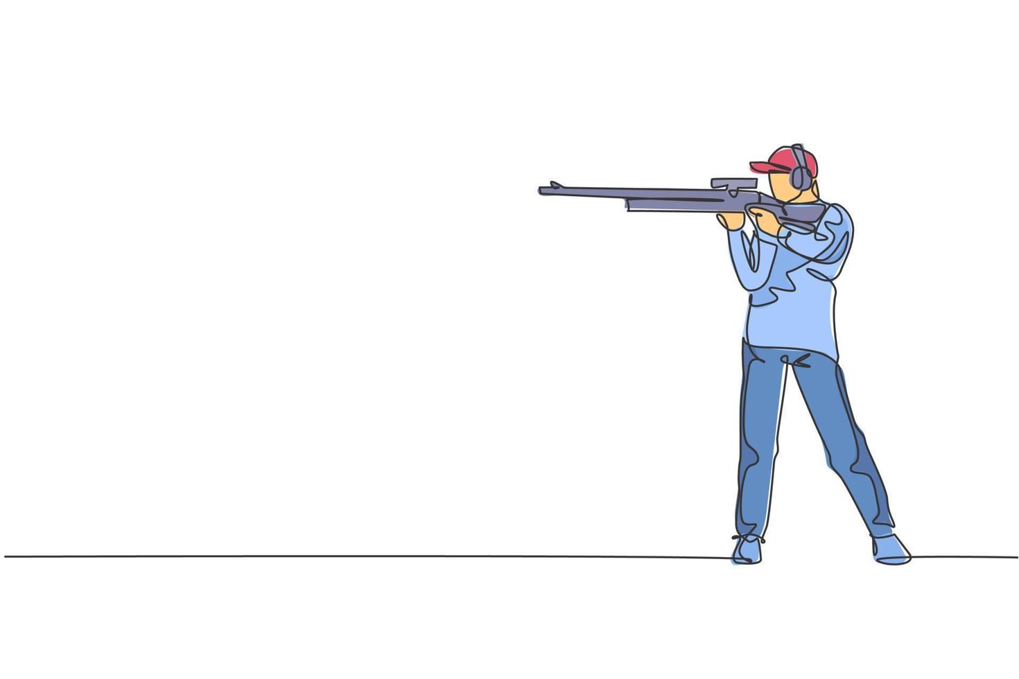 una línea continua dibujando a un joven en la práctica del campo de entrenamiento de tiro para competir con un rifle. concepto de deporte de tiro al aire libre. Ilustración de vector de diseño gráfico de dibujo de línea única dinámica