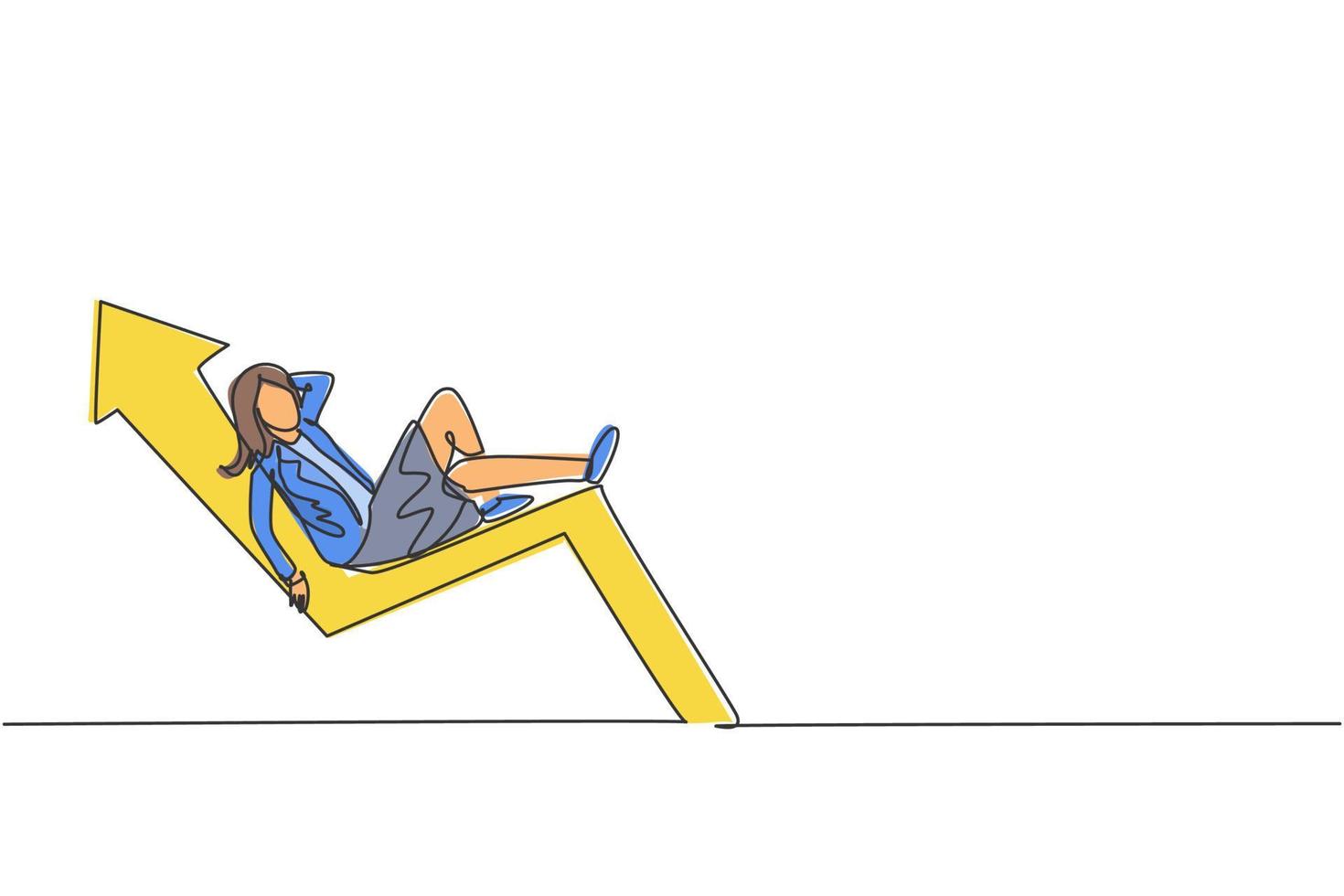 Single one line drawing young smart female investor sleeping relax on up arrow symbol enjoying life. Business investment minimal concept. Modern continuous line draw design graphic vector illustration