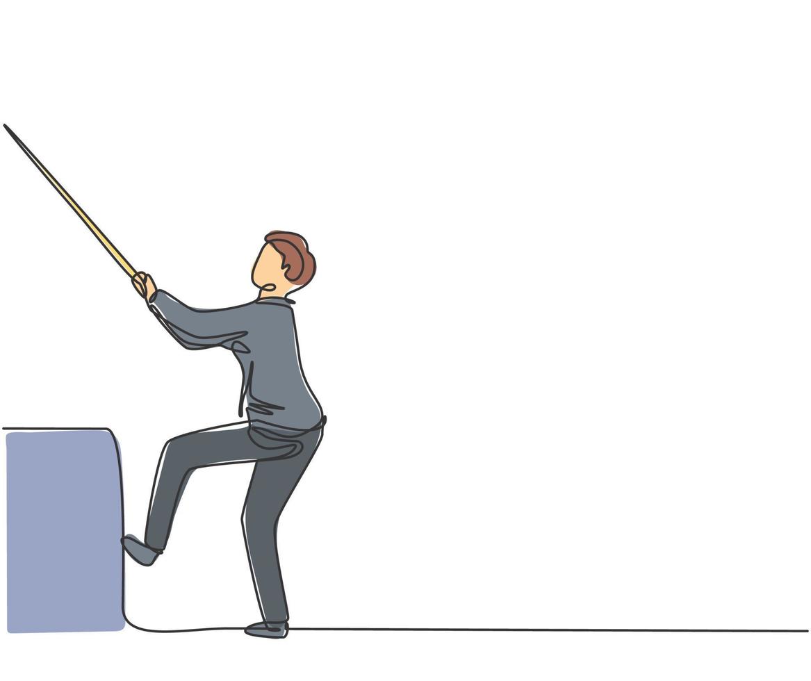 Single continuous line drawing young business man pulling rope so hard