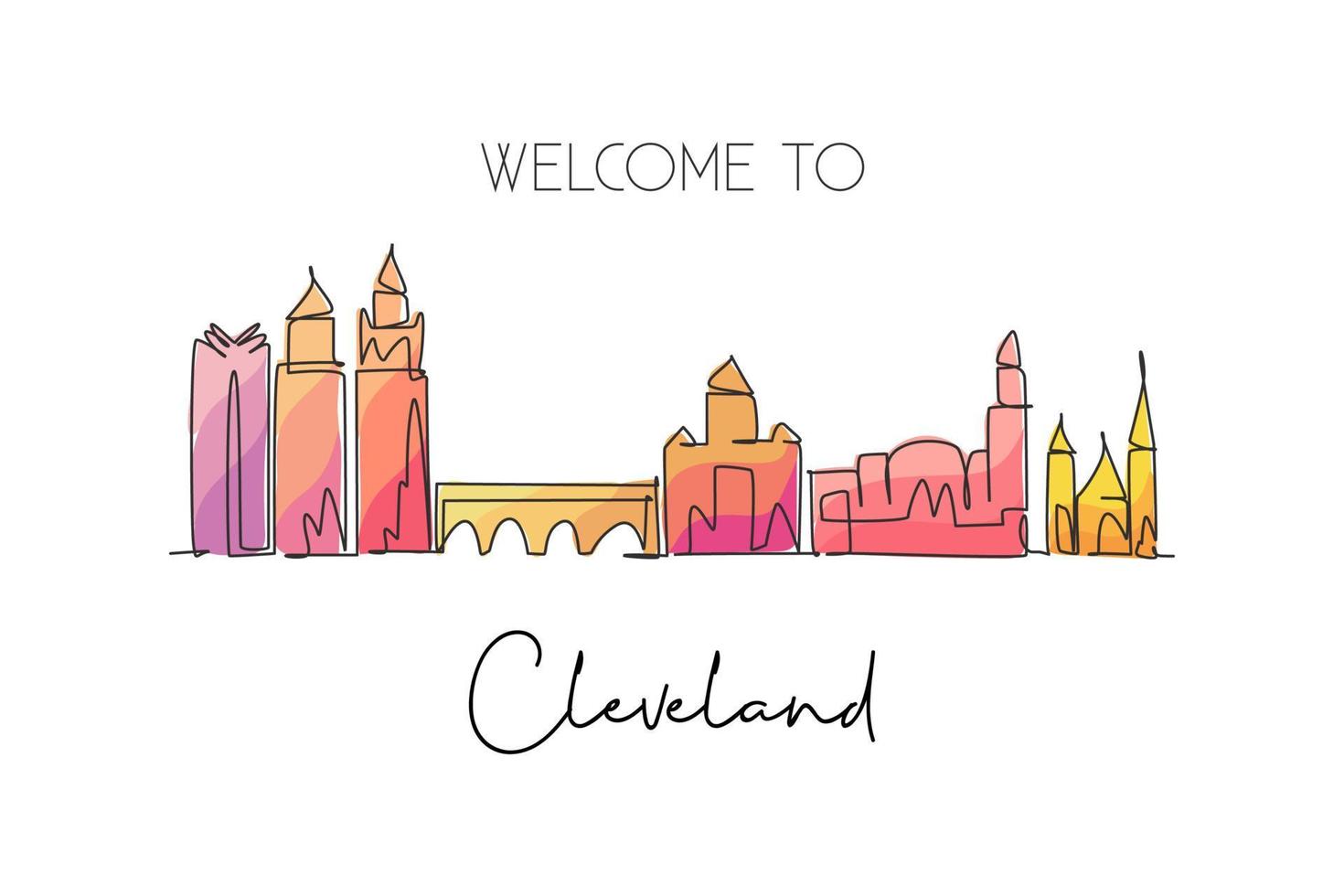 One continuous line drawing of Cleveland city skyline, Ohio. Beautiful landmark. World landscape tourism travel home wall decor poster print art. Stylish single line draw design vector illustration