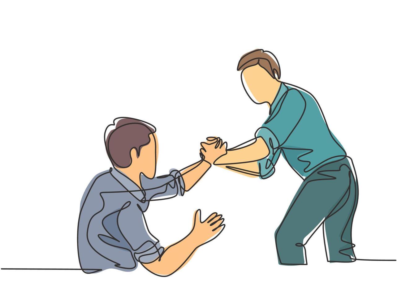 Single continuous line drawing of young happy businessman help to pull out his colleague from failure and rising again. Trendy teamwork support concept one line draw design vector graphic illustration