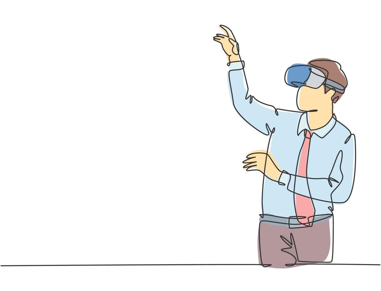 One continuous line drawing of young happy businessman pretending to touch button while wearing virtual reality helmet. Modern futuristic video game concept single line draw design vector illustration