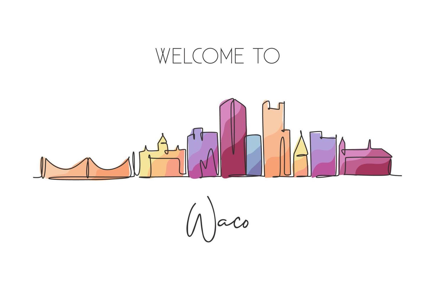 One single line drawing Waco city skyline, Texas. World historical town landscape. Best holiday destination postcard. Editable stroke trendy continuous line draw design graphic vector illustration