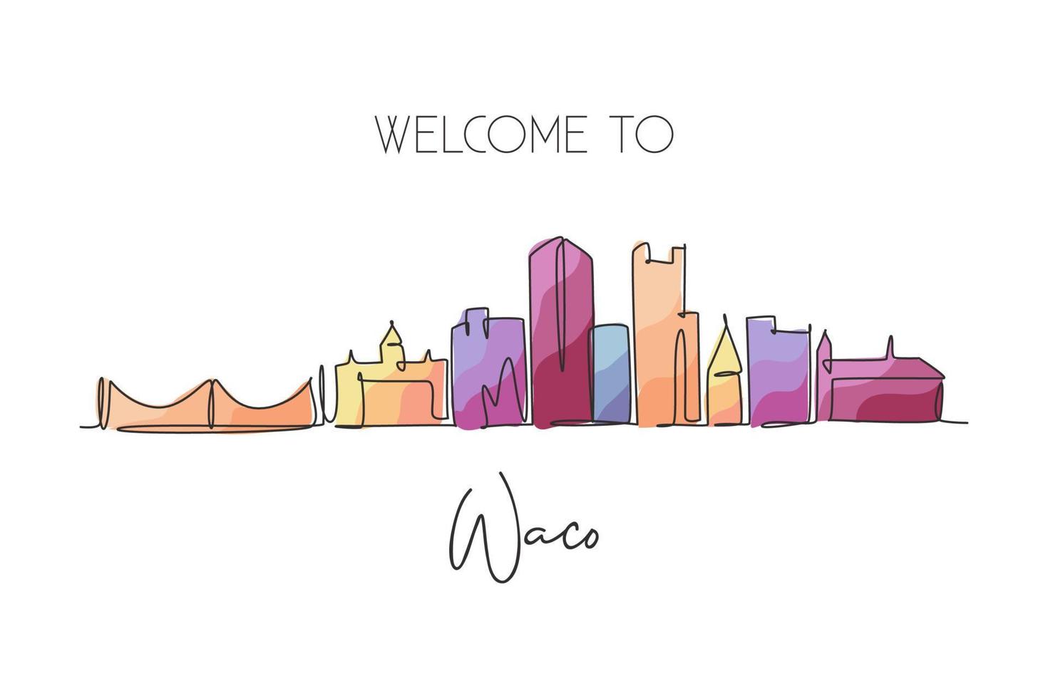 dibujo de una sola línea del horizonte de la ciudad de waco, texas. paisaje de la ciudad histórica mundial. mejor postal de destino de vacaciones. trazo editable moda línea continua dibujar diseño gráfico ilustración vectorial vector