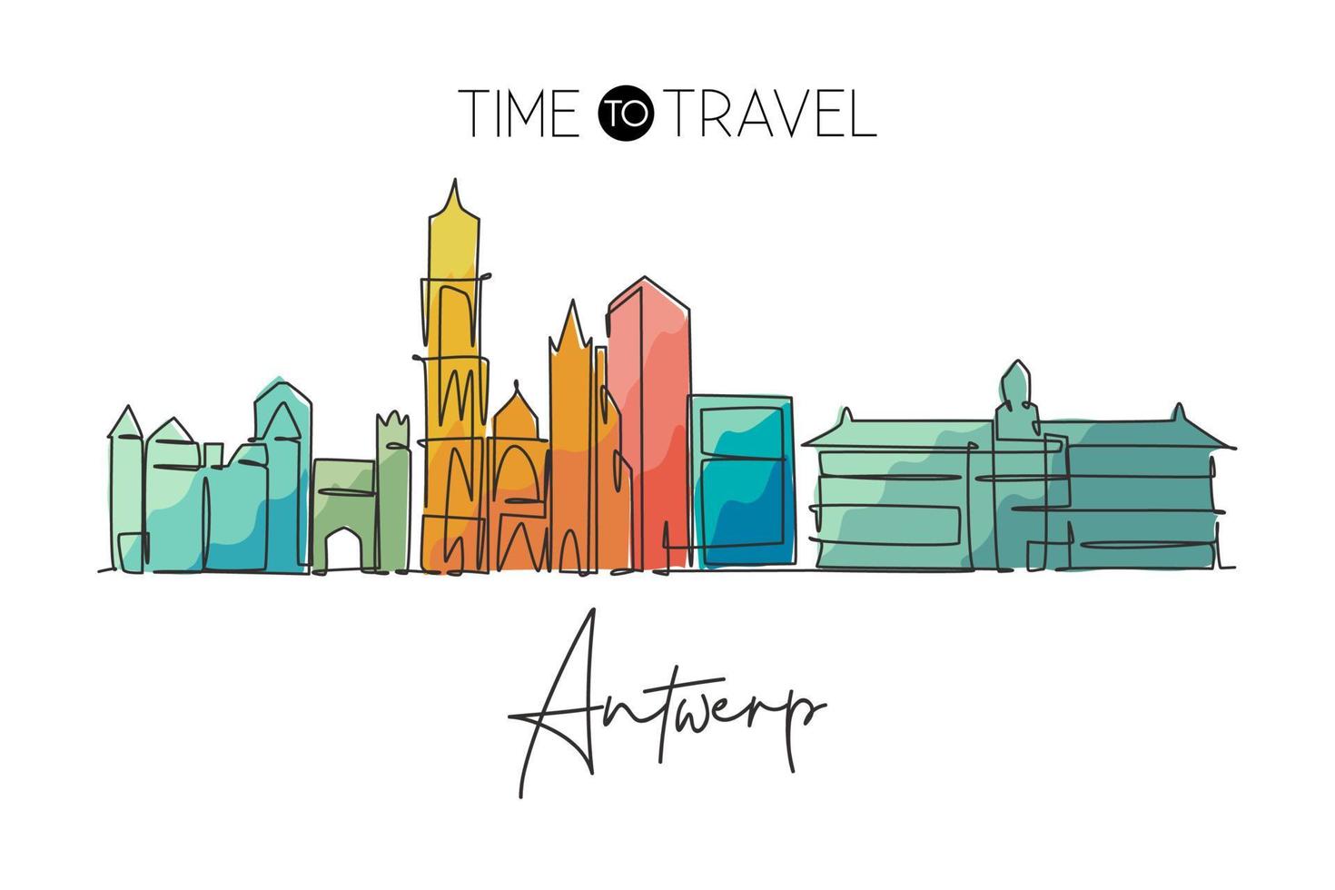 One continuous line drawing of Antwerp city skyline, Belgium. Beautiful skyscraper. World landscape tourism travel vacation wall decor poster print. Stylish single line draw design vector illustration