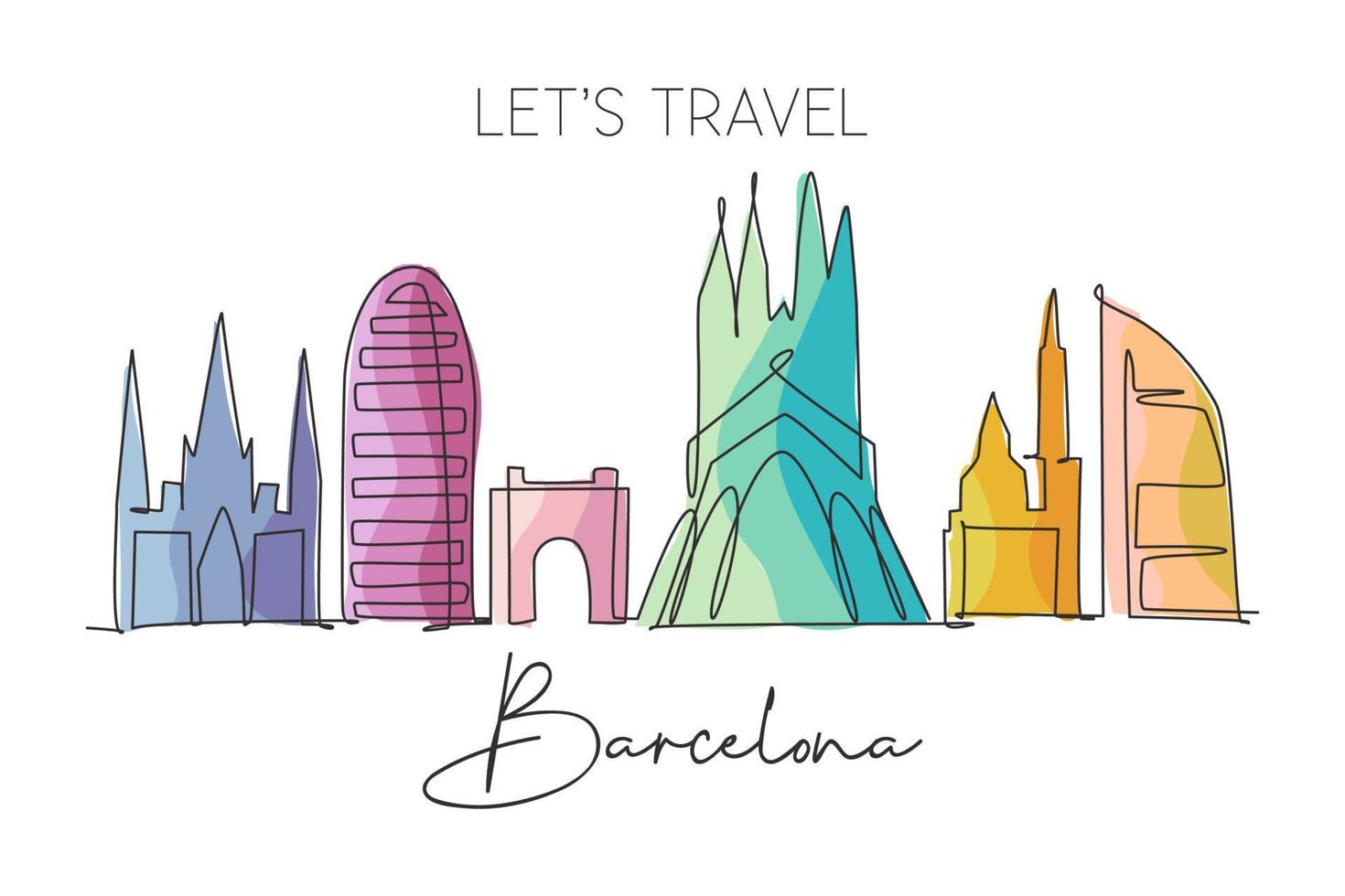 One continuous line drawing of Barcelona city skyline, Spain. Beautiful skyscraper. World landscape tourism travel vacation wall decor poster print. Stylish single line draw design vector illustration