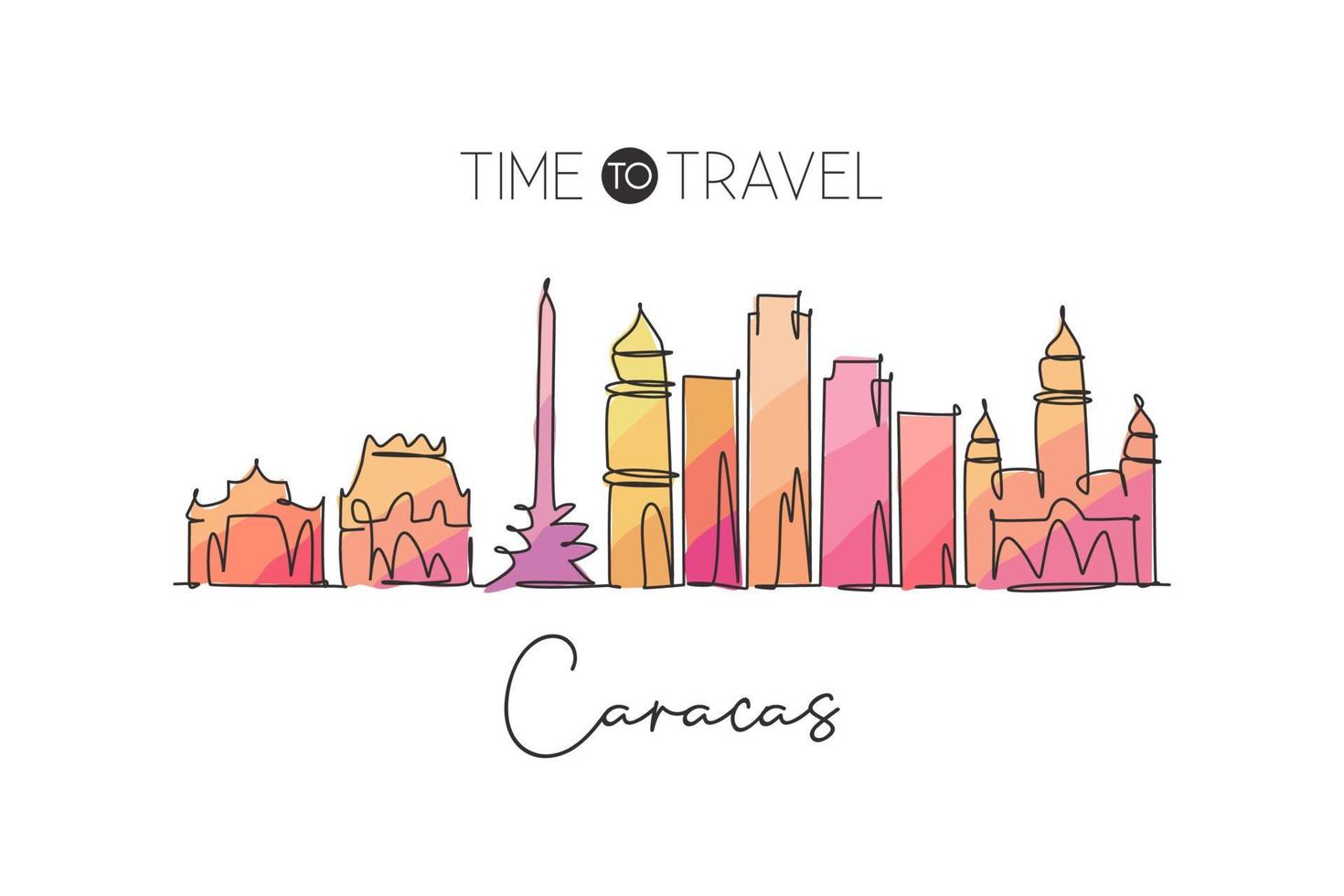 Single continuous line drawing of Caracas city skyline, Venezuela. Famous city scraper and landscape. World travel destination concept. Editable stroke modern one line draw design vector illustration