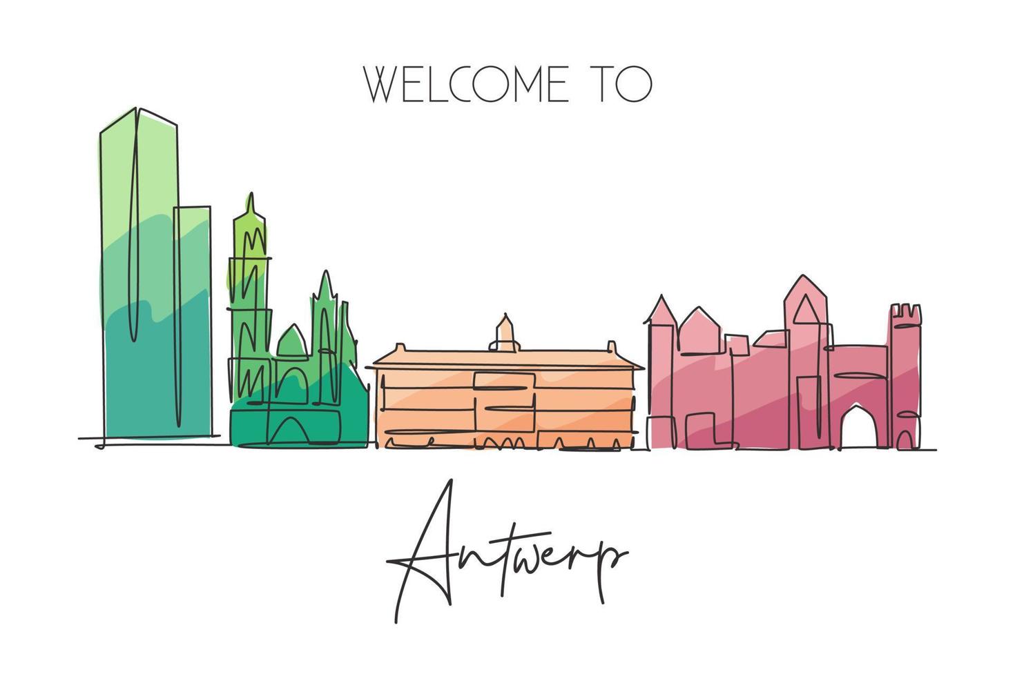 Single continuous line drawing of Antwerp city skyline Belgium. Famous skyscraper landscape postcard. World travel home wall decor poster print concept. Modern one line draw design vector illustration