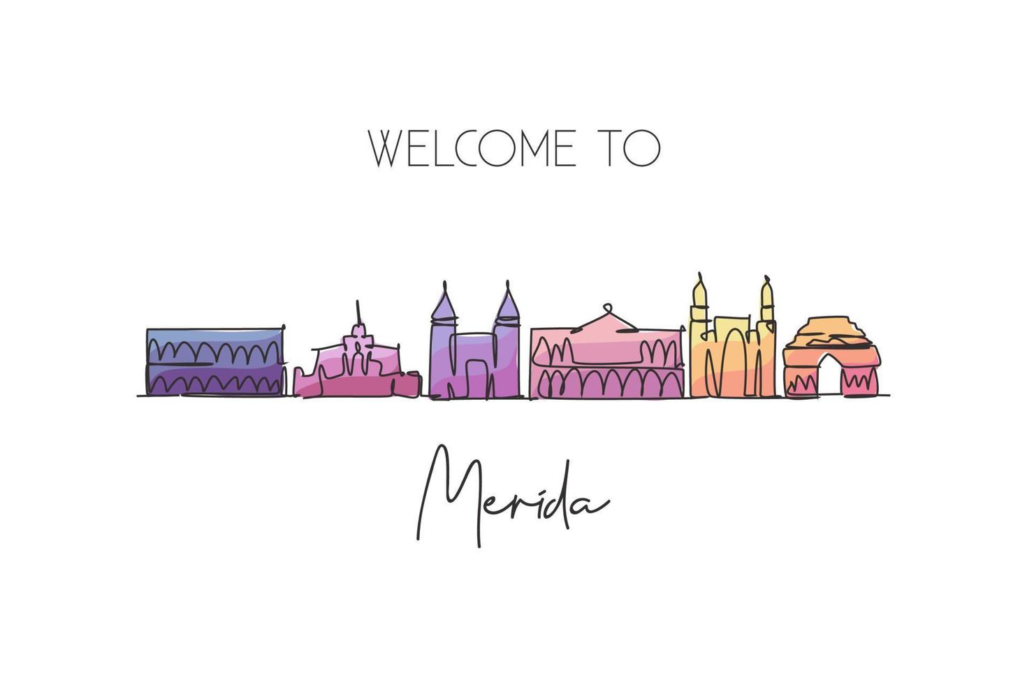 una línea continua dibujando el horizonte de la ciudad de Mérida, México. hermosa impresión de postal histórica. vacaciones de viaje de turismo de paisaje mundial. Ilustración de vector de diseño de dibujo de una sola línea de trazo elegante editable