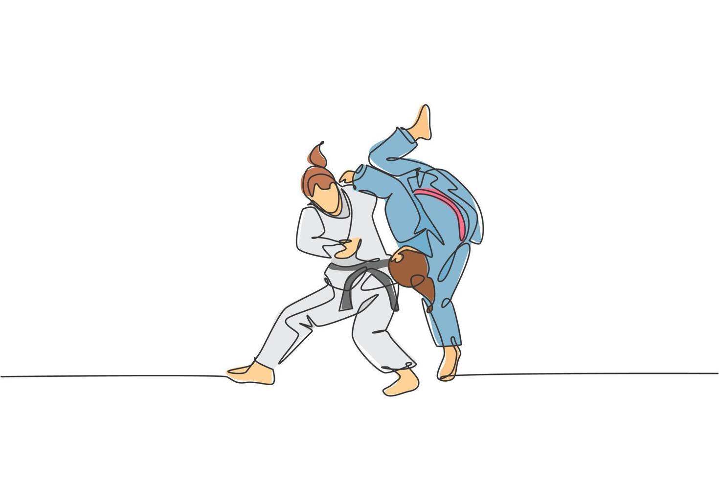 One continuous line drawing two young sporty women training judo technique at sports hall. Jiu jitsu battle fight sport competition concept. Dynamic single line draw design graphic vector illustration