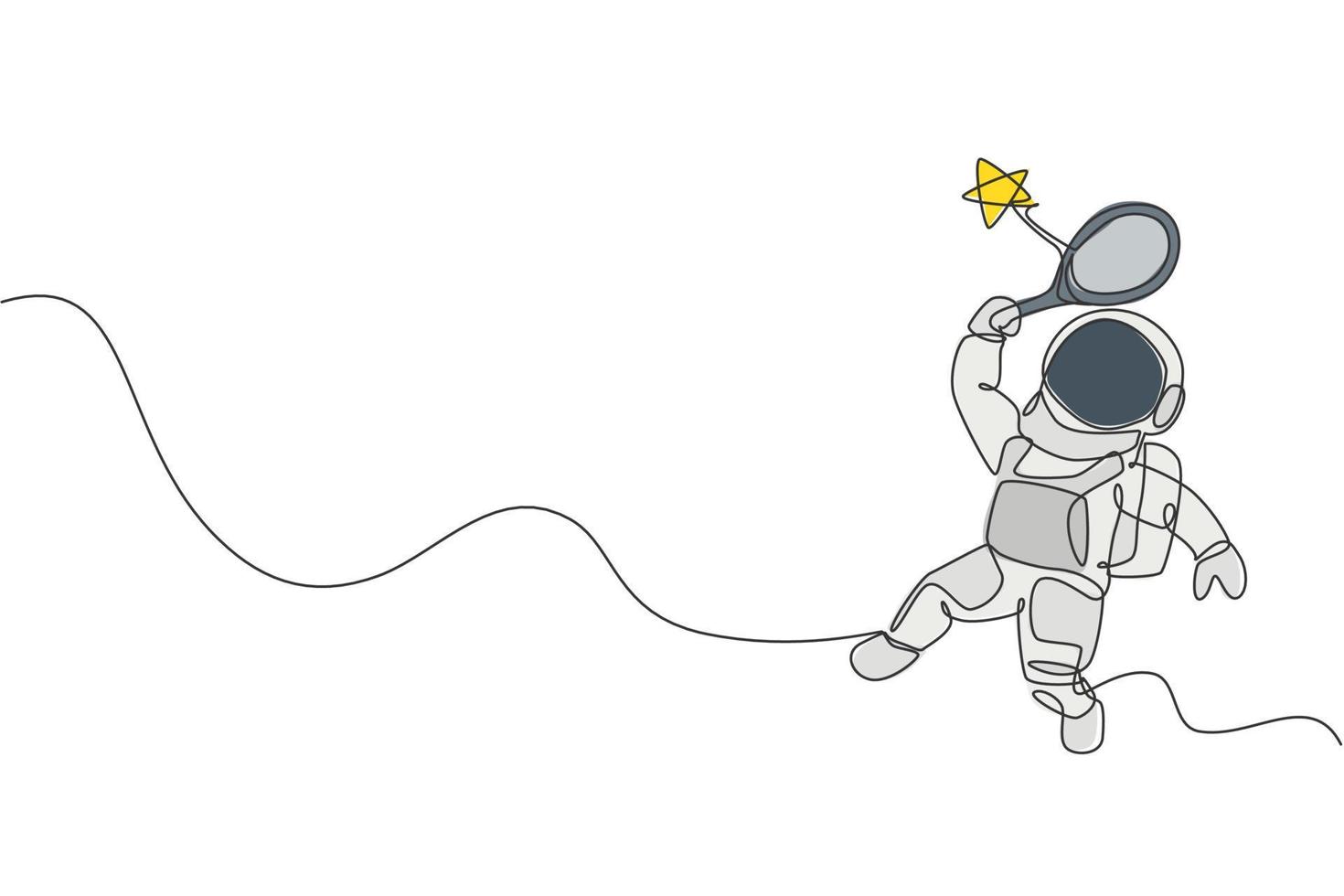 un dibujo de línea continua del cosmonauta explorando el espacio exterior. astronauta golpeando estrella con raqueta. concepto de descubrimiento de galaxias cósmicas de fantasía. Ilustración de vector de diseño gráfico de dibujo de línea única dinámica