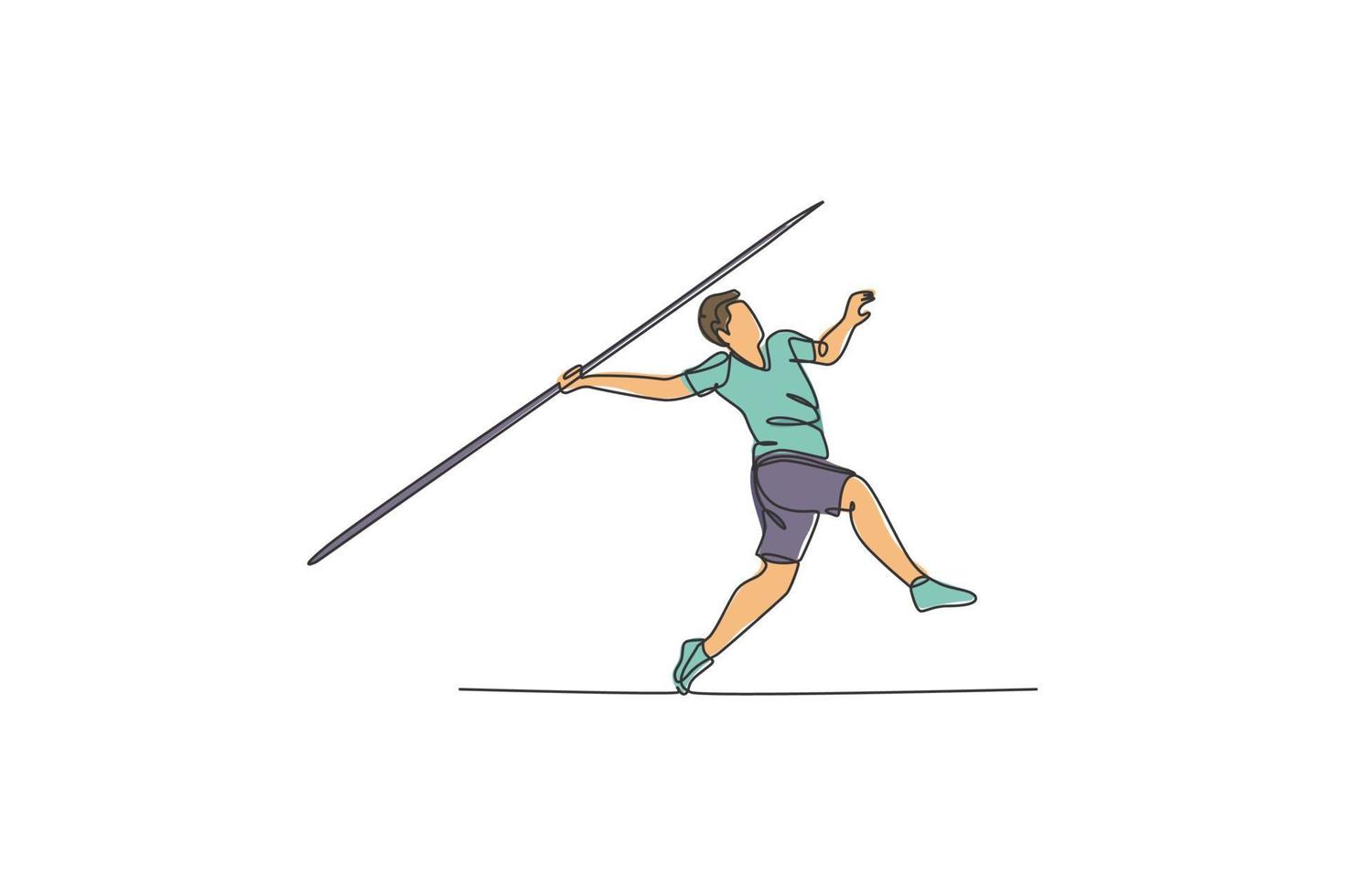 One continuous line drawing of young sporty man exercise to run stance before throw javelin on the field. Athletic games. Olympic sport concept. Dynamic single line draw design vector illustration