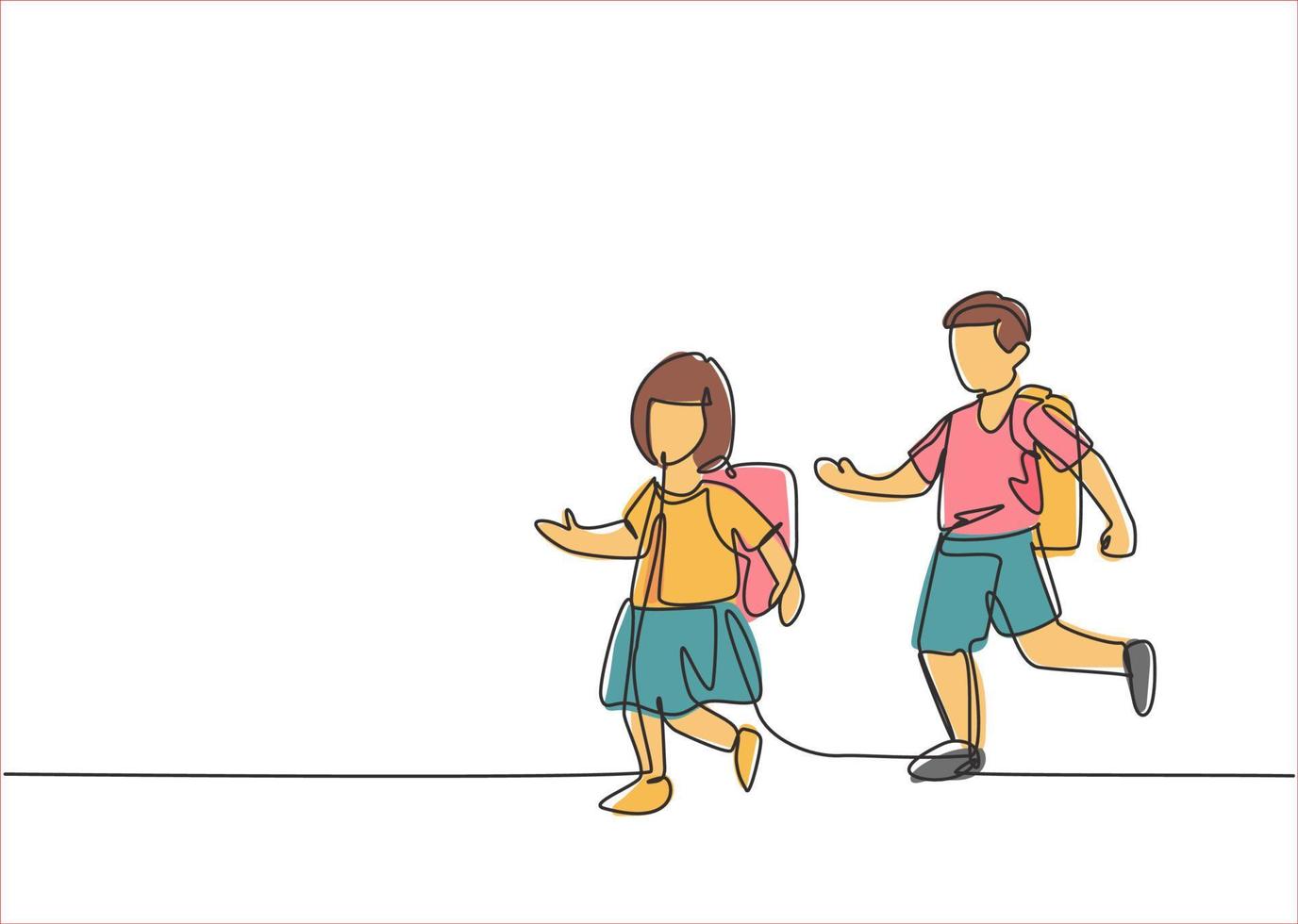 Single continuous line drawing elementary school students both boys and girls were running on the side of the road avoiding being late for school. One line draw graphic design vector illustration.