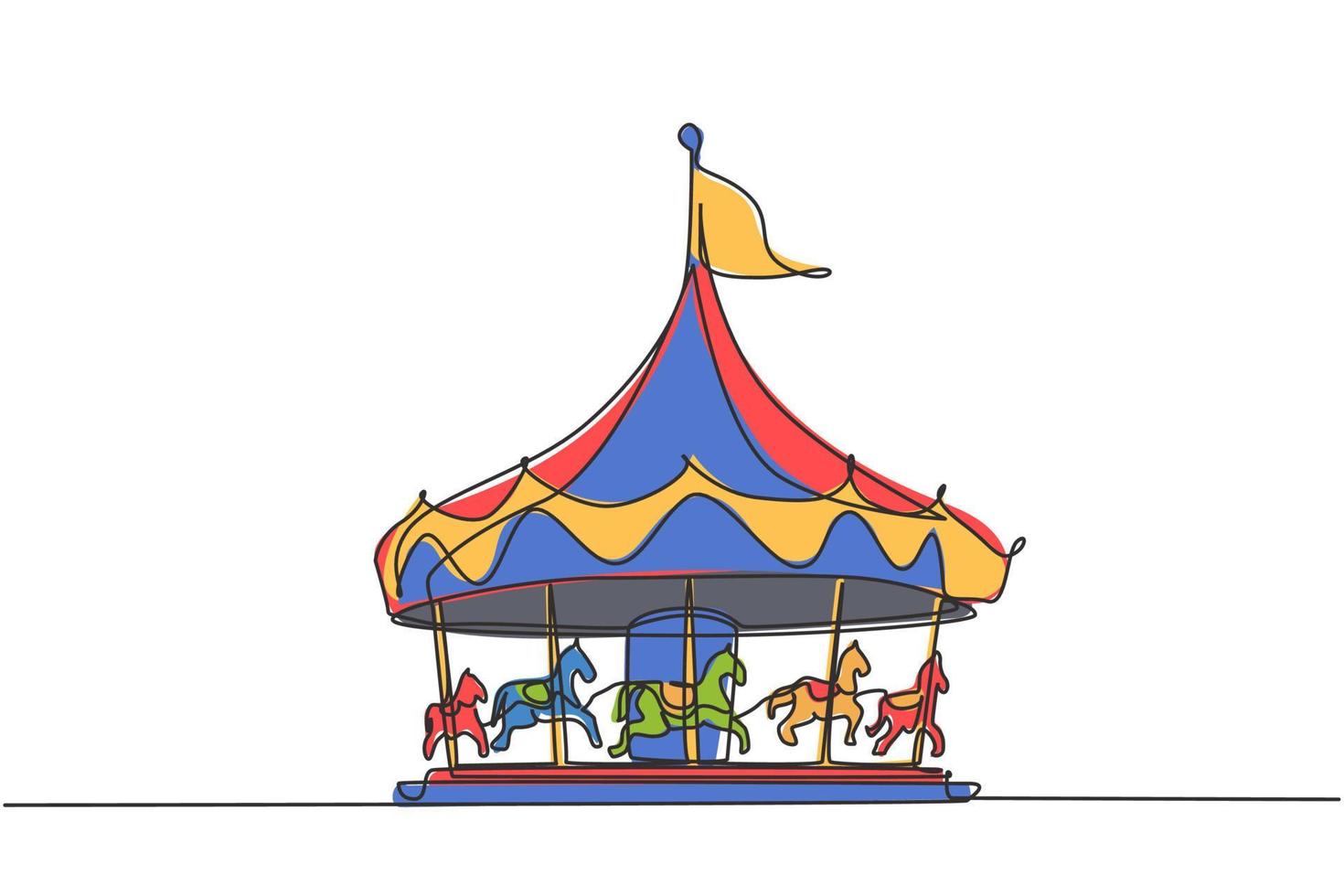 Continuous one line drawing horse carousel in an amusement park spinning under a large tent with a flag on it. Recreation that children love. Single line drawing design vector graphic illustration