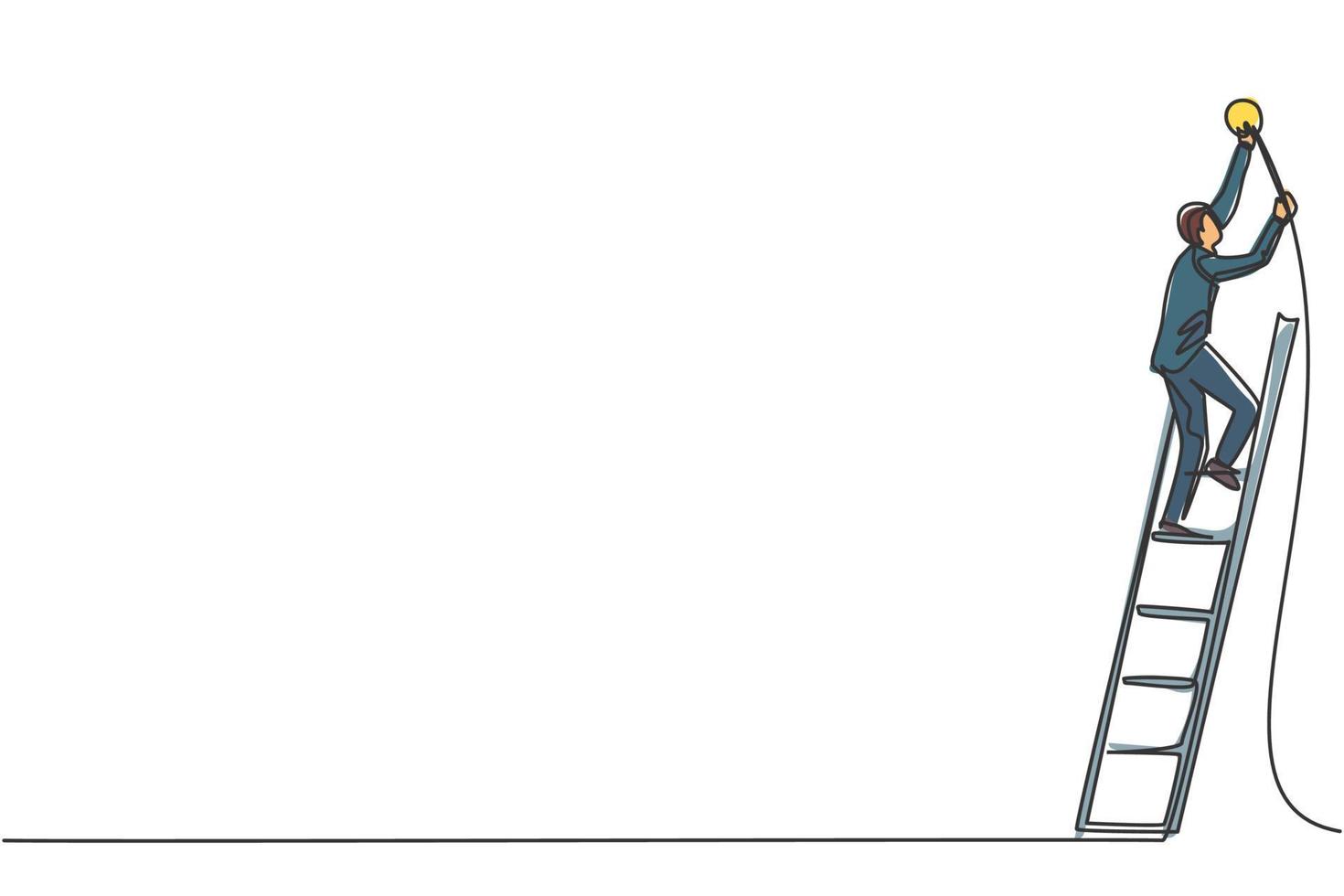 Single one line drawing of young smart handyman fix the high road lamp up with ladder. Business financial market growth minimal concept. Modern continuous line draw design graphic vector illustration
