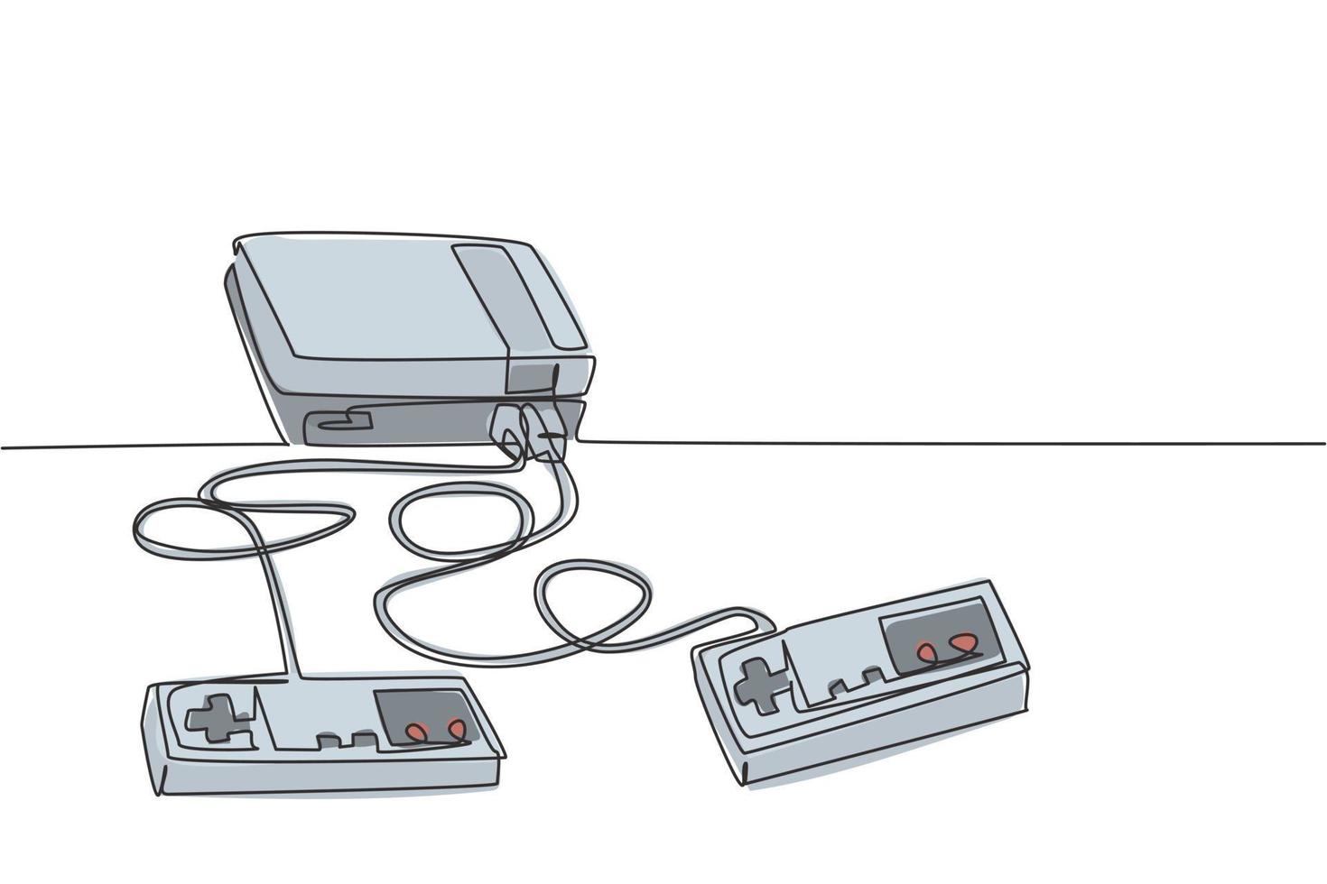 un dibujo de línea continua del reproductor de videojuegos de consola clásica antigua retro. Ilustración de vector de diseño de dibujo de línea única concepto de elemento de juego de arcade vintage