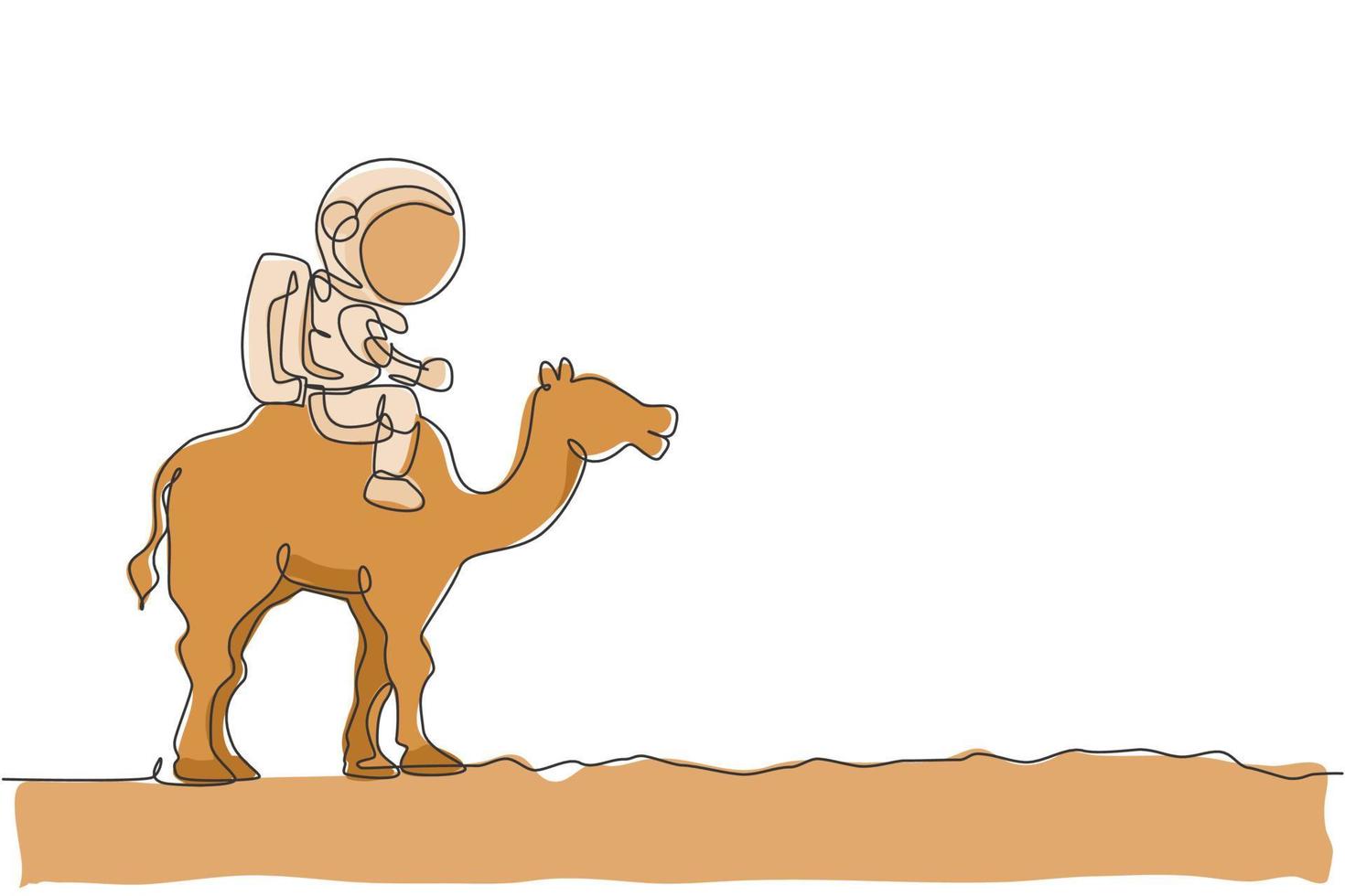 Single continuous line drawing of cosmonaut with spacesuit riding desert camel, farm animal in moon surface. Fantasy astronaut safari journey concept. Trendy one line draw design vector illustration