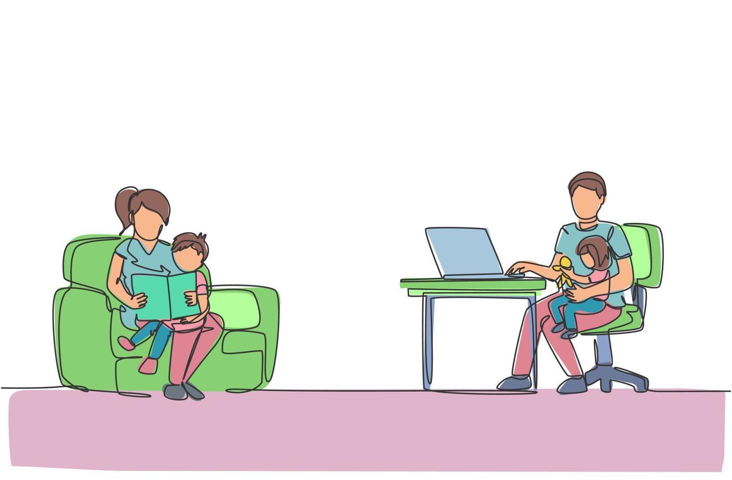 One single line drawing of young mom reading book to son and dad sitting on sofa and typing on laptop at home vector illustration. Happy family parenting concept. Modern continuous line draw design