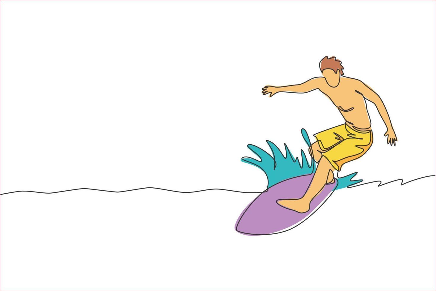 dibujo de una sola línea continua joven surfista profesional en acción montando las olas en el océano azul. concepto de deportes acuáticos extremos. vacaciones de verano. gráfico de ilustración vectorial de diseño de dibujo de una línea de moda vector