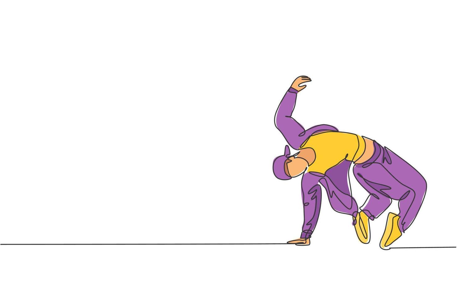 dibujo de línea continua única de hombre joven bailarín de hip-hop enérgico en chándal practicar break dance en la calle. concepto de estilo de vida de generación urbana. Ilustración de vector de diseño de dibujo de una línea de moda