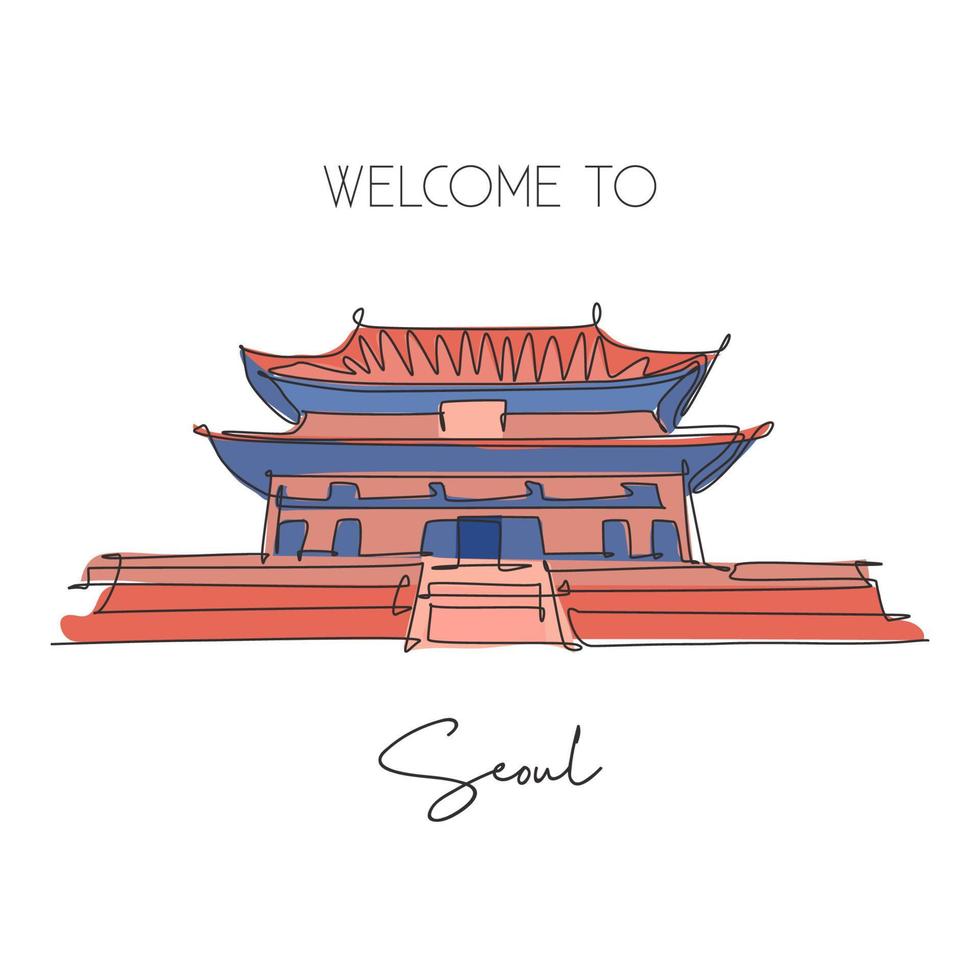 One continuous line drawing Gyeongbokgung Palace landmark. Old ancient castle in Seoul, South Korea. Holiday vacation wall decor poster art concept. Modern single line draw design vector illustration