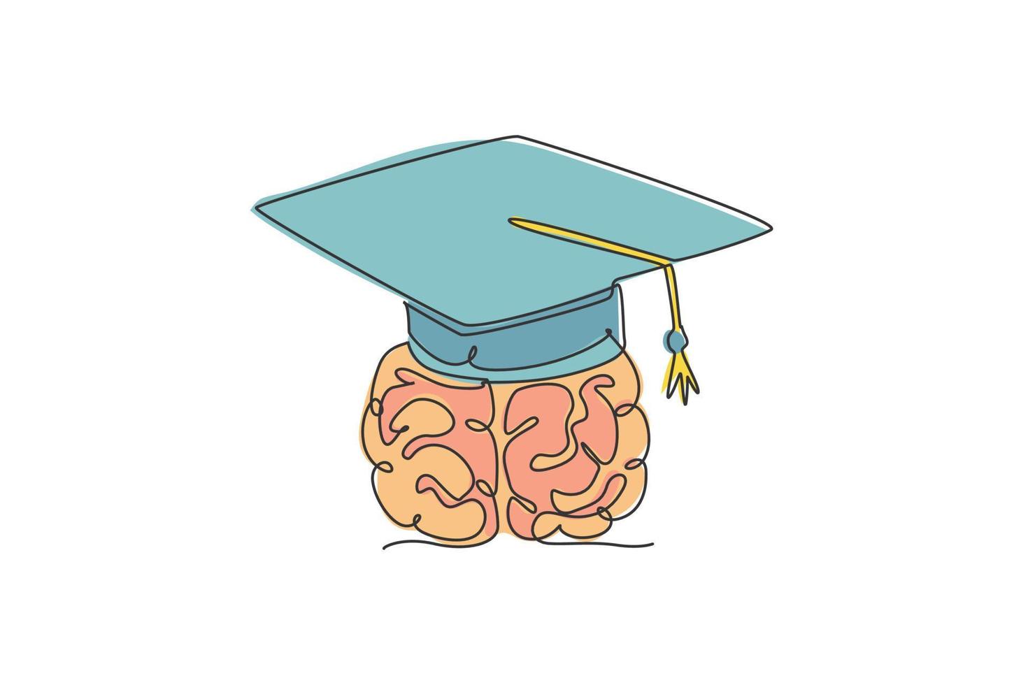 dibujo de una sola línea continua del cerebro humano con la etiqueta del logotipo de la gorra de graduación. concepto de icono de logotipo de curso de estudio académico. Ilustración de vector de diseño gráfico de dibujo de una línea moderna