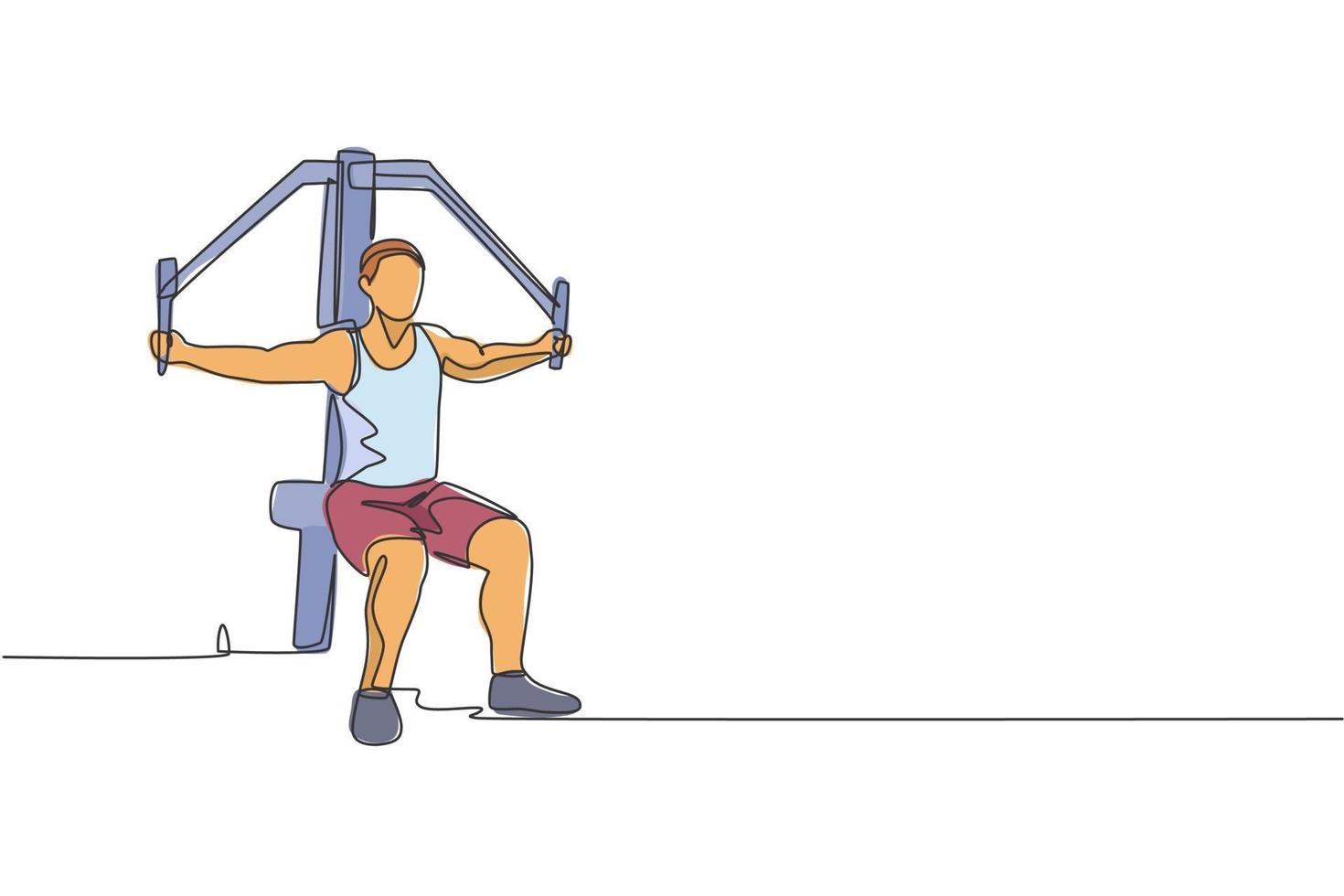 One single line drawing young energetic man exercise with hammer strength machine in gym fitness center graphic vector illustration. Healthy lifestyle sport concept. Modern continuous line draw design
