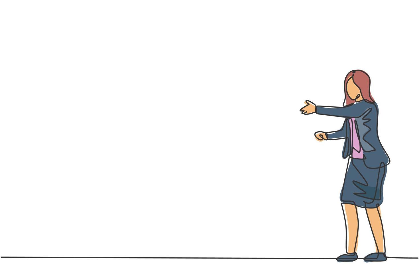 Single continuous line drawing of young female manager giving handshake gesture. Professional businesswoman business deal. Minimalism concept dynamic one line draw graphic design vector illustration